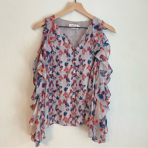 Tanya Taylor Asymmetrical Ruffled Blue and Pink Blouse - Picture 2 of 7